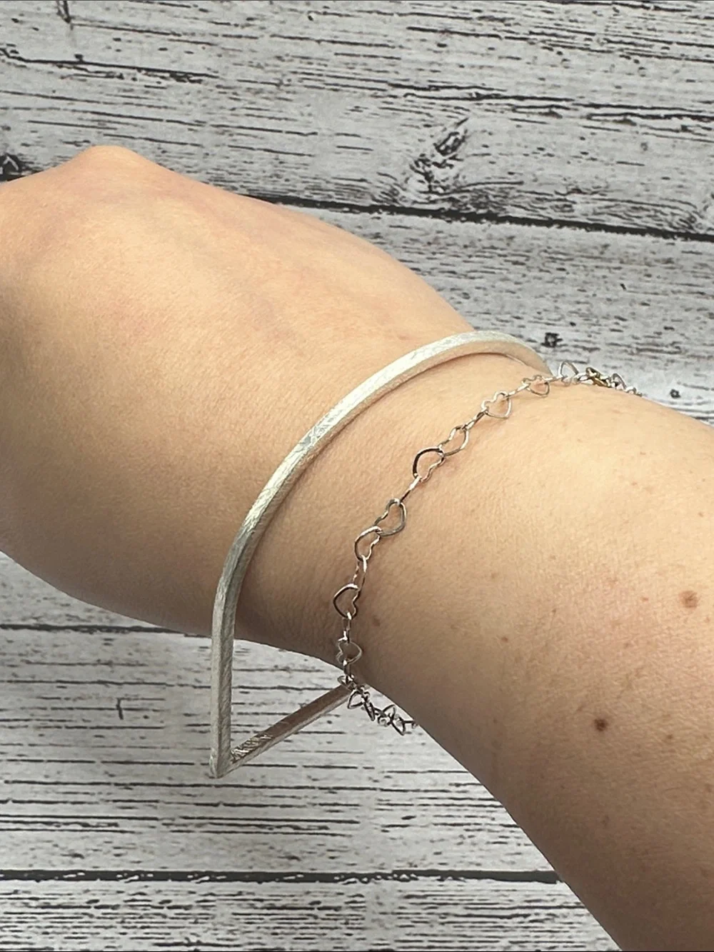 Textured Silver D-Shape Bangle Bracelet